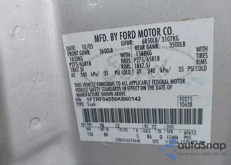 2006 Ford F150 Fx4/Xlt из США, поврежденный, VIN 1FTRF04556KB60142